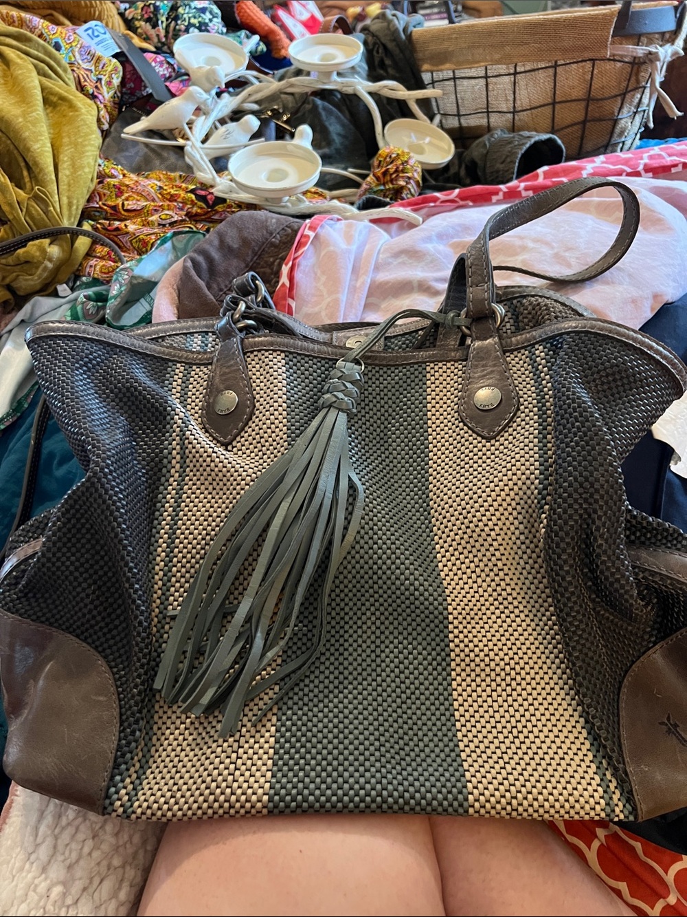 Frye Woven Tote in Gray and Cream with Tassel
